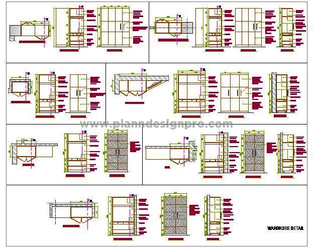 Wardrobe Design in AutoCAD- Various Sizes and Details